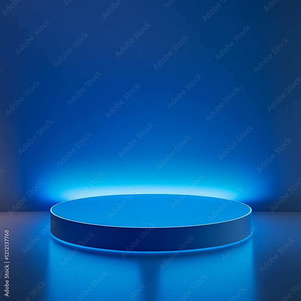 Poster blue illuminated podium with neon glow for display or mockup