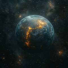 Fototapeta premium Earth glowing with golden light in a deep cosmic scene.