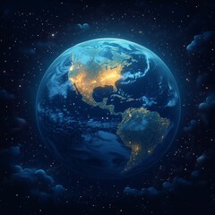 Obraz premium Earth illuminated in darkness with glowing city lights.