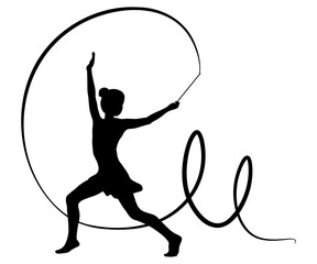 Children silhouettes. Little girl does gymnastic exercises with a ribbon. Vector illustration.	
