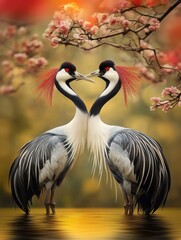 Two elegant cranes engage in a courtship display beneath blooming cherry blossoms during a serene sunset at a tranquil lake. Generative AI