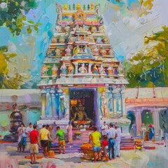 Fototapeta premium A vibrant painting depicts a Hindu temple with people gathered in front of it.