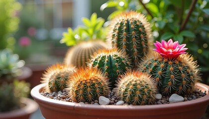 Vibrant cacti in terracotta pot with pink flower, perfect for botanical garden displays