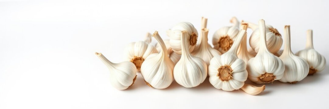 Fresh garlic bulbs arranged neatly on a white background, spice, white background