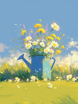Acrylic and gouache rustic blue watering can filled with wildflowers and daisies in a sunlit meadow. Hand drawn illustration. Ideal for greeting cards, posters, and nature-themed designs.