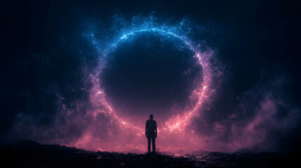 Minimal art, Solitary silhouette contemplating luminous circular form against moody, shadowy cloudscape, embodying enigmatic introspection