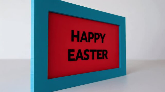 A red 4k card bordered 4k in blue with the phrase &ldquo;Happy Easter&rdquo; offers cheerful design perfect for personalized holiday greetings and messages