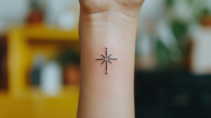 Obraz premium Minimal tattoo, Minimalist tattoo of a decorative cross on the inner wrist, showcasing a simple and elegant design against a blurred background.