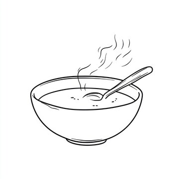 recommend clip art: Hand drawn bowl of hot soup with spoon, simple illustration, food art