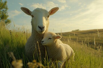 Fototapeta premium Mother Sheep and Lamb in a Serene Pastoral Landscape at Golden Hour Surrounded by Lush Green Grass and Soft Sky