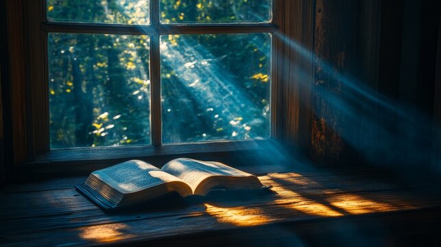 Moonlight streaming through a window, illuminating a book on a wooden table with soft shadows