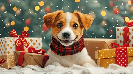 Flat design humor shows a family&rsquo;s dog unwrapping all the Christmas gifts early