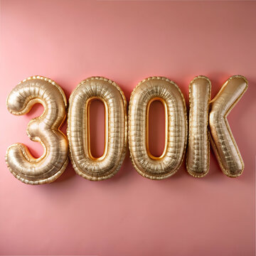 300k Followers Celebration. Gold Balloons on Pink Background