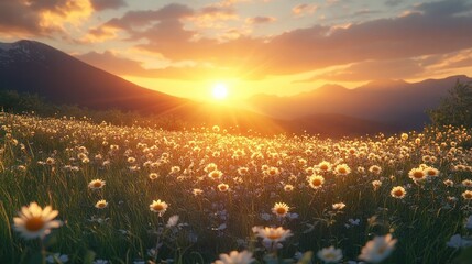 Serene sunset over a vibrant wildflower meadow with mountains in the background, evoking tranquility