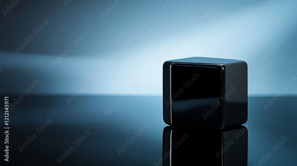 Poster glossy black cube platform on a reflective surface with a modern abstract background