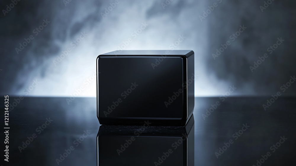 Aufkleber glossy black cube platform on a reflective surface with a textured abstract background