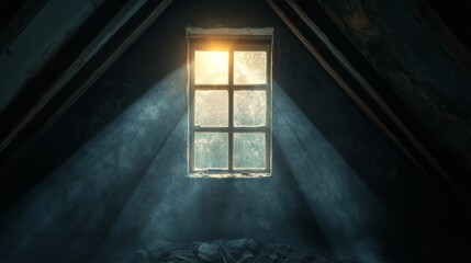 The soft glow of moonlight spilling through an attic window, illuminating dusty wooden beams