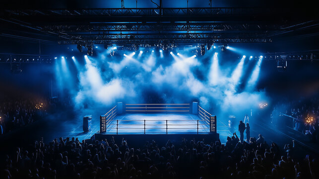 The boxing ring stands under high contrast lighting during an intense sports event