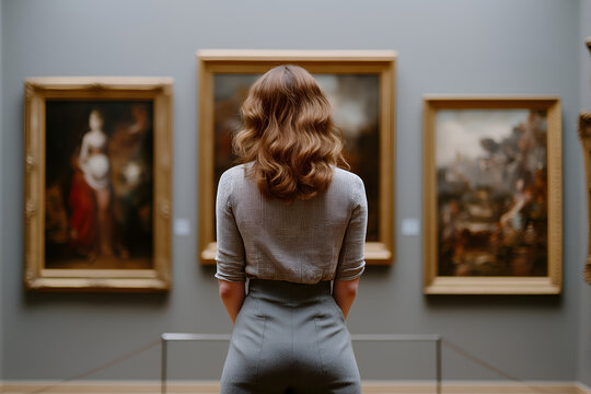Back view of attractive woman in art gallery museum.