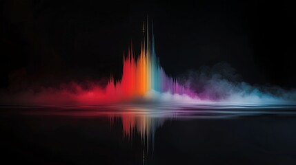 Colorful smoke explosion reflection dark background; abstract art, design, music visualizer