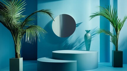 Fototapeta premium Modern interior with blue geometric decor and plants
