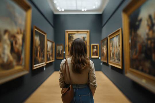 Back view of attractive woman in art gallery museum.