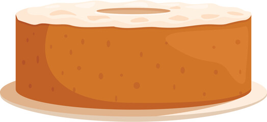 Cartoon illustration of a whole round cake with icing resting on a plate, representing concepts of baking and dessert