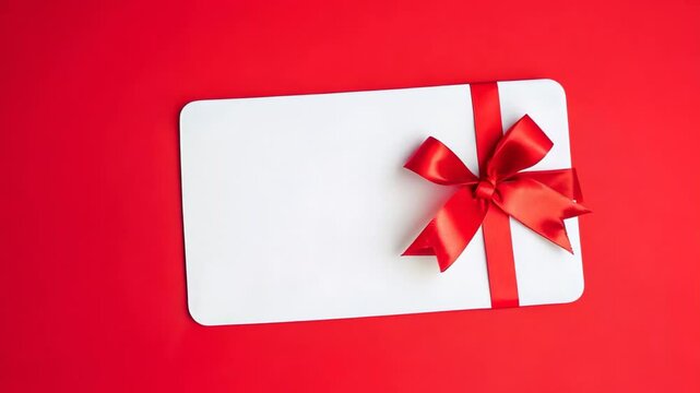 White gift card with a red ribbon and bow on a vibrant red background. Minimalist and festive, perfect for holidays, celebrations, or special occasions