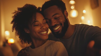 Fototapeta premium Couple taking a selfie, playful expressions, cozy indoor environment, affectionate interaction, casual attire, warm lighting.