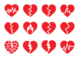 Red broken heart icons set. Cracked heart flat vector icons. Symbol of divorce or heartbreak.