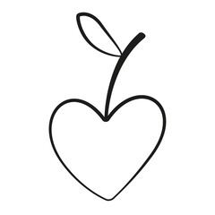 heart shaped cherry doodle style. Hand drawn black and white isolated logo. cherry line art. Design element for web graphic design poster tattoo. Coloring page art therapy. Vector illustration