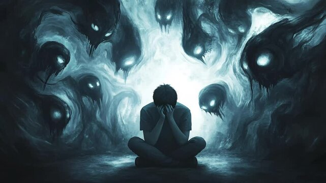 Young person sitting alone with inner monsters and intrusive thoughts. Loneliness and depression. Mental health awareness. Match-cut stop-motion timelapse. Generative AI