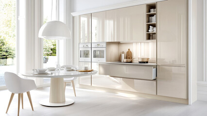 Modern kitchen with foldable dining furniture and efficient pull-out pantry shelves