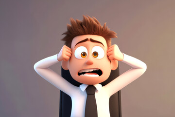 Depressed shocked cartoon character man in smart casual attire sits in an office looking overwhelmed