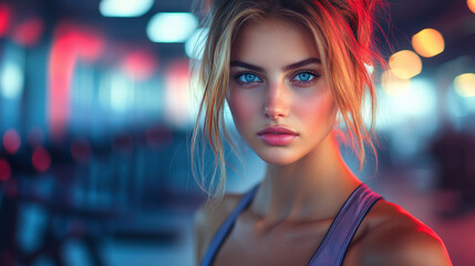 A young woman stands confidently in a vibrant gym, her captivating blue eyes and natural allure captivating attention. Soft lighting enhances the dynamic atmosphere.