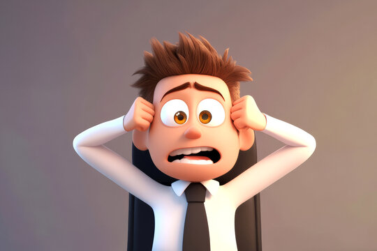 Depressed shocked cartoon character man in smart casual attire sits in an office looking overwhelmed