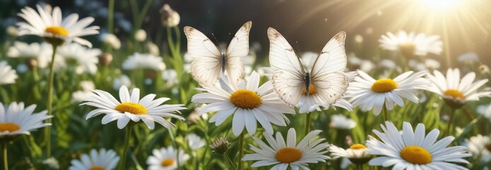 Fototapeta premium Group of white butterflies fluttering around blooming daisies on a sunny day, multiple, abundance, beauty, harmony, insects