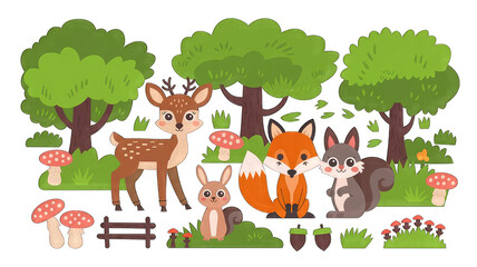 Fototapeta premium Cute Forest Animals with Trees, Mushrooms, and Woodland Scene Elements.