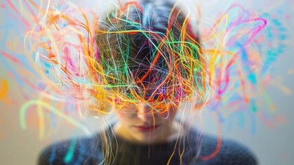 Portrait of woman with colorful lines. Racing mind and thoughts, adhd concept. Mental health awareness. Match-cut stop-motion timelapse. Generative AI