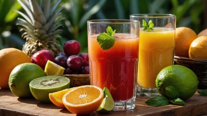 Fresh fruit juices in glasses, surrounded by colorful fruits, showcasing a vibrant, healthy lifestyle.