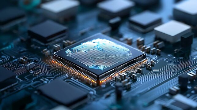 CPU processing data, circuit board close-up. Tech background. For tech articles