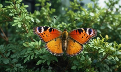 Obraz premium Colorful dead butterfly on a green shrub details, decay, butterfly