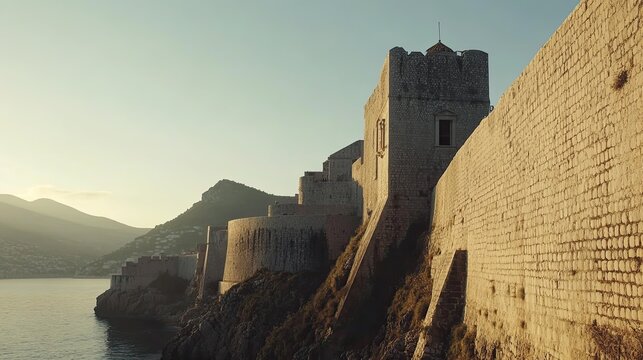 Sunrise over ancient coastal fortress walls