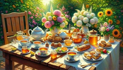 Fototapeta premium A vibrant outdoor tea party setup featuring fine china, fresh flowers, and delicious treats on a rustic wooden table amidst a lush garden scene with blooming flowers and warm sunlight.