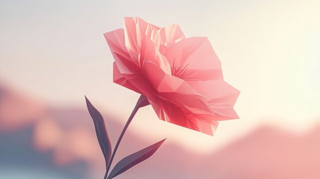 Pink polygon flower in soft sunrise mountain landscape