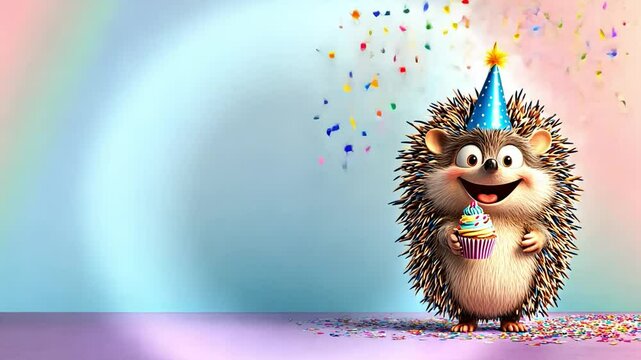 Celebrating a joyful hedgehog with a cupcake at a colorful birthday party backdrop