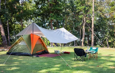 Naadloos Fotobehang Airtex Camping tent in a camping in a grassy in forest. © natara