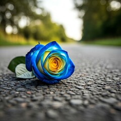 Yellow blue rose isolated on road with blur background