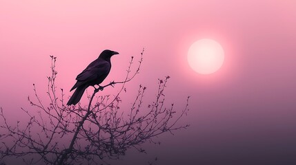 Fototapeta premium Crow sunset silhouette branch misty landscape, nature serenity