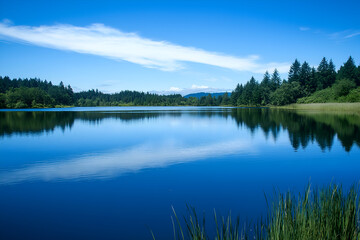 Obraz premium Calm blue water lanscape with mountain forest.